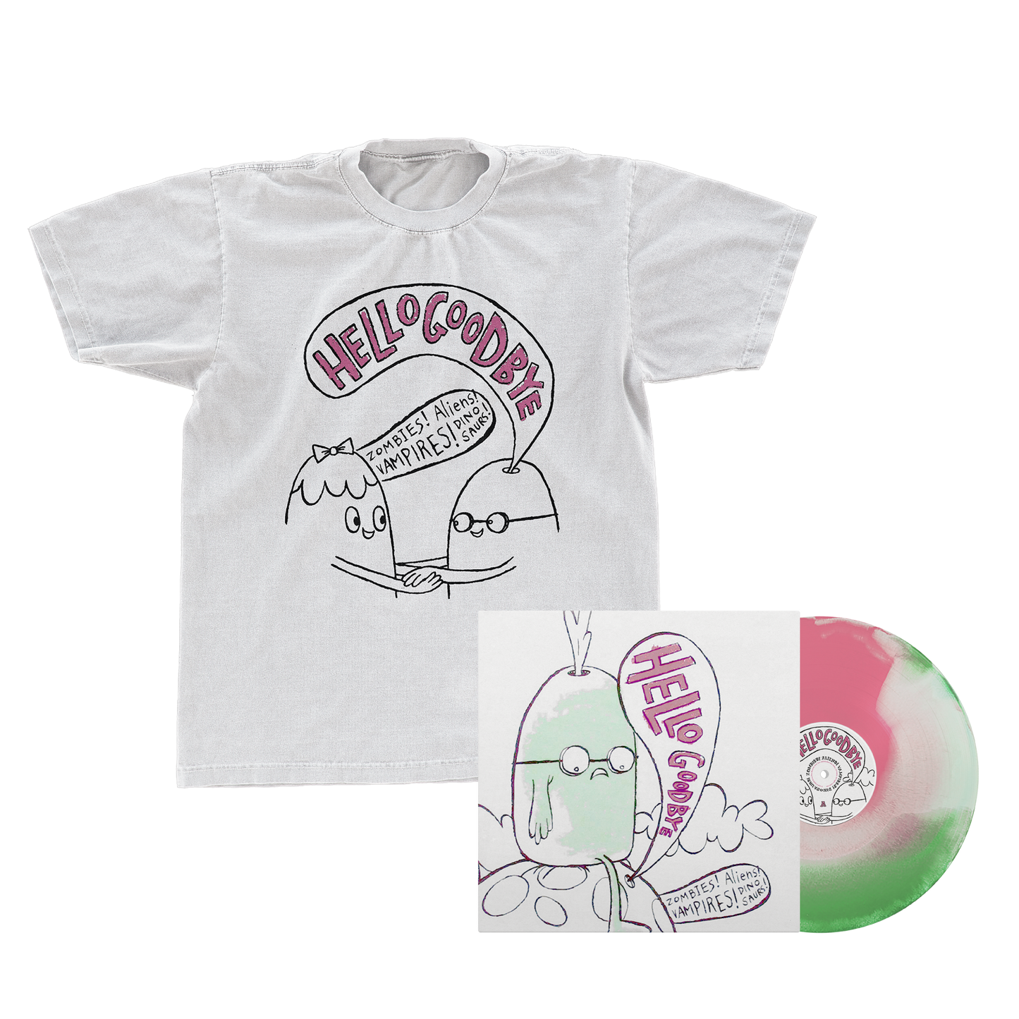 Hellogoodbye - “Zombies! Aliens! Vampires! Dinosaurs!” 3 Color A / B Vinyl + T-Shirt